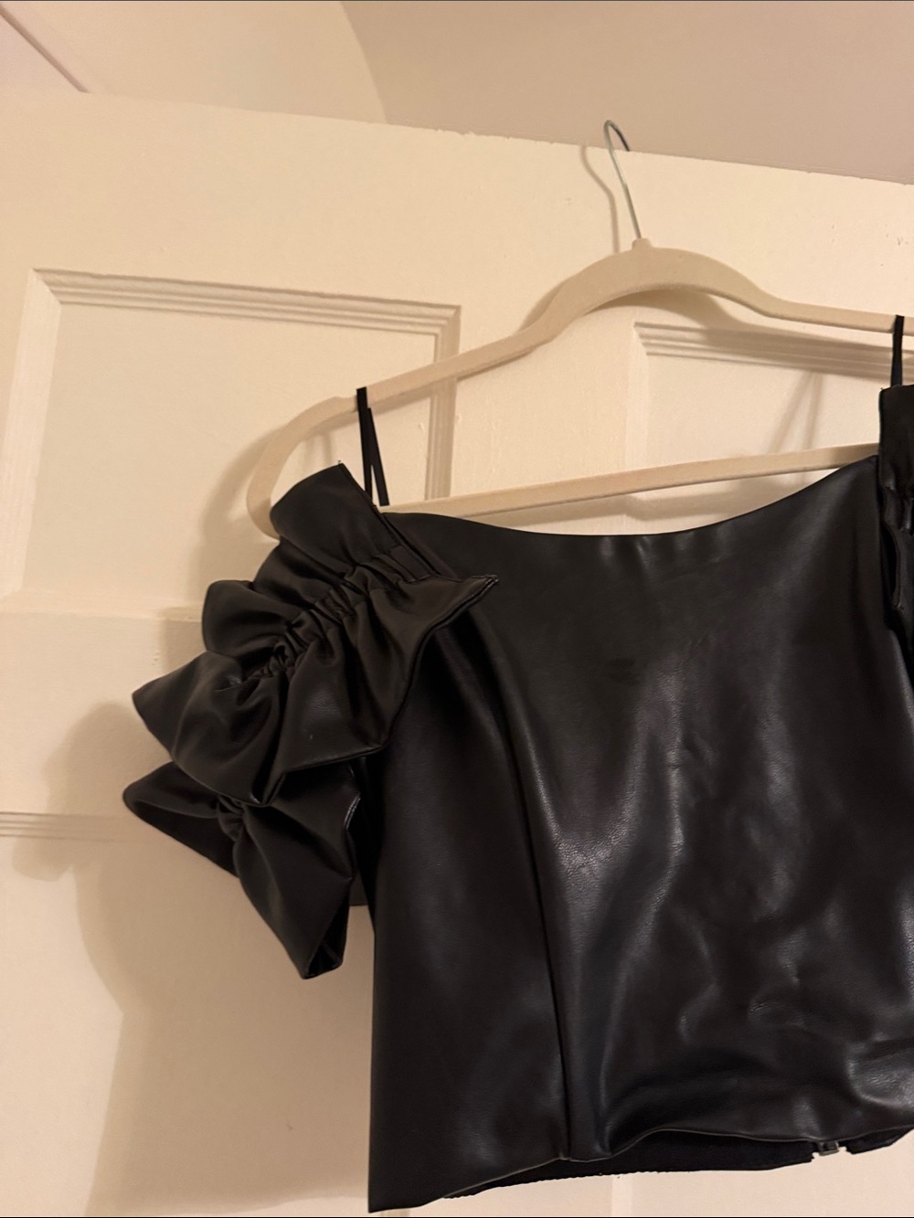 DO+BE Black Faux Leather One-Shoulder Ruffle Crop Top